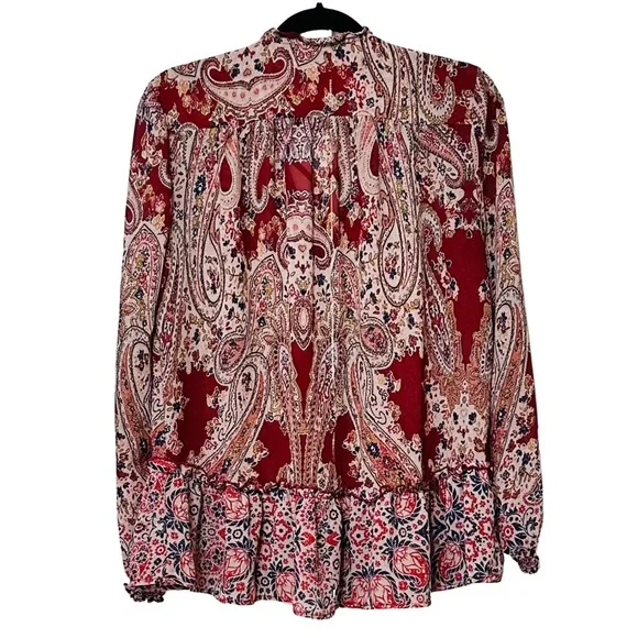 Knox Rose Boho Peasant Blouse Red Paisley Ruffle Hem Long Sleeve Top Sz Medium - Picture 3 of 9